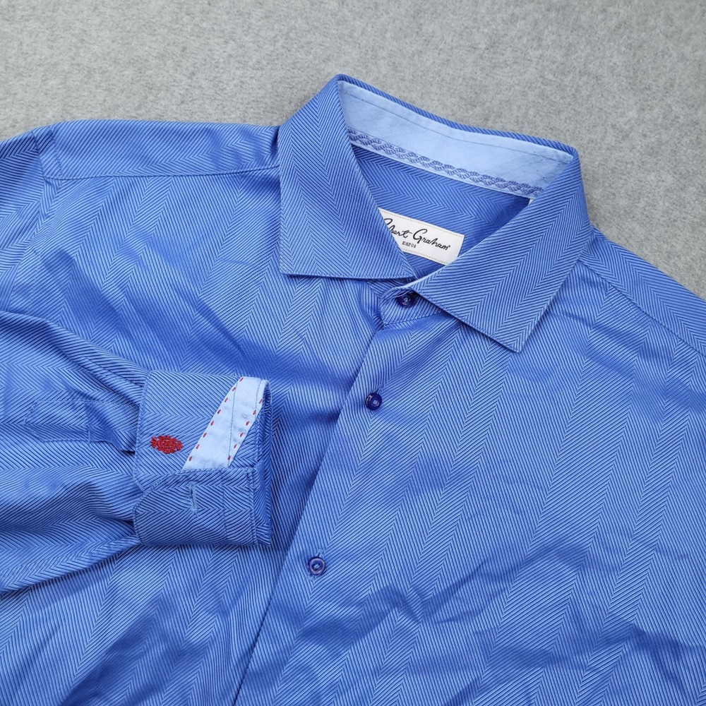 Robert Graham Button Down Shirt Mens 16.5 Blue‎ Herringbone Long Sleeve Cotton